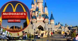 A vibrant scene at a Disney theme park features a fairytale castle with blue and pink towers. People are seen walking and enjoying the sunny day. Inset is a McDonald's drive-thru sign. The juxtaposition forces an element of modern commercialism into the magical setting, blending fantasy with reality.