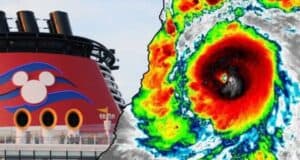 A large cruise ship with the Disney logo on its funnel is seen on the left. To the right, a satellite image displays a colorful and intense weather system, likely a hurricane, with a well-defined eye at the center.