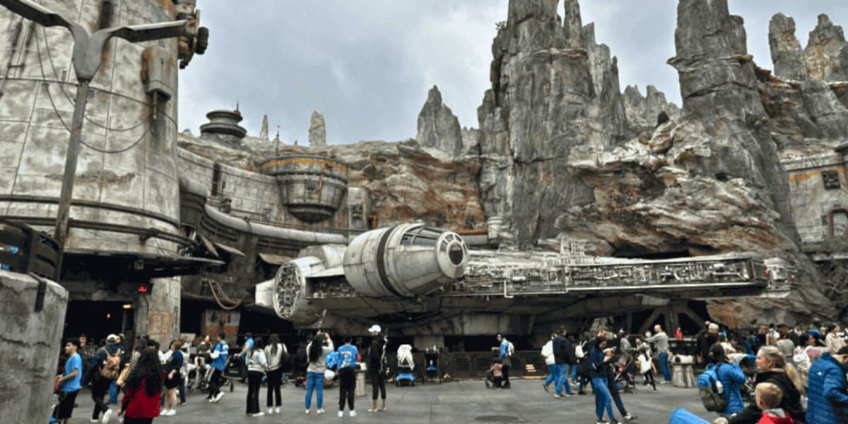 The Millenium Falcon at Star Wars: Galaxy's Edge in Disneyland Park, implying that Disney has rekindled an age-old debate with a new offering