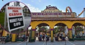 Knott's berry farm: welcoming visitors to california's original theme park, juxtaposed with a sign indicating the amusement park is closed while the marketplace remains open.