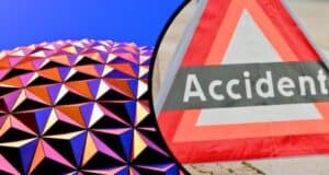 An accident sign in front of the Spaceship EPCOT ball at Disney World next to Test Track.