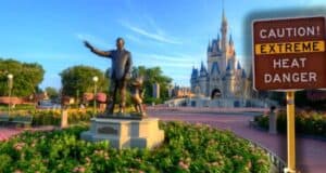 A statue of a man and a mouse stands in a garden near a castle, with clear blue skies overhead. A sign nearby reads "CAUTION! EXTREME HEAT DANGER," indicating potential weather hazards in the area. The scene has that magical Disney theme park charm.
