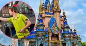 An exuberant person dressed as Peter Pan, in a green costume with a red feather in their hat, is featured in a circular inset on the left side of the image. The main background showcases a grand, colorful castle with golden accents under a clear sky at Disney Park.