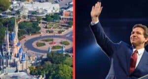 Side-by-side image: left side shows an aerial view of Disney's Magic Kingdom with Cinderella's Castle, walkways, and greenery. Right side shows Florida Governor DeSantis in a suit waving his right hand, standing against a dark background with a slight smile on his face.