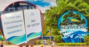 Two signs are displayed, one thanking visitors for spending their day at SeaWorld and the other signaling no re-entry. In the background, a large SeaWorld Orlando sign is surrounded by greenery and people are seen walking around.