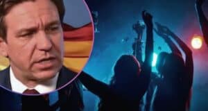Ron DeSantis superimposed against a party scene.
