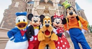 A group photo of Disney characters in front of a castle. From left to right: Donald Duck, Mickey Mouse, Pluto, Minnie Mouse, and Goofy. They are all smiling and in colorful costumes, posing cheerfully with the castle's detailed stone architecture visible in the background.