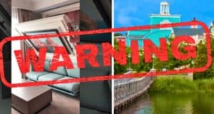Split image: the left half shows an open window near a green couch, and the right half shows a picturesque view of colorful houses along a waterfront. The word “WARNING” is stamped across the whole image in bold red letters, indicating caution.