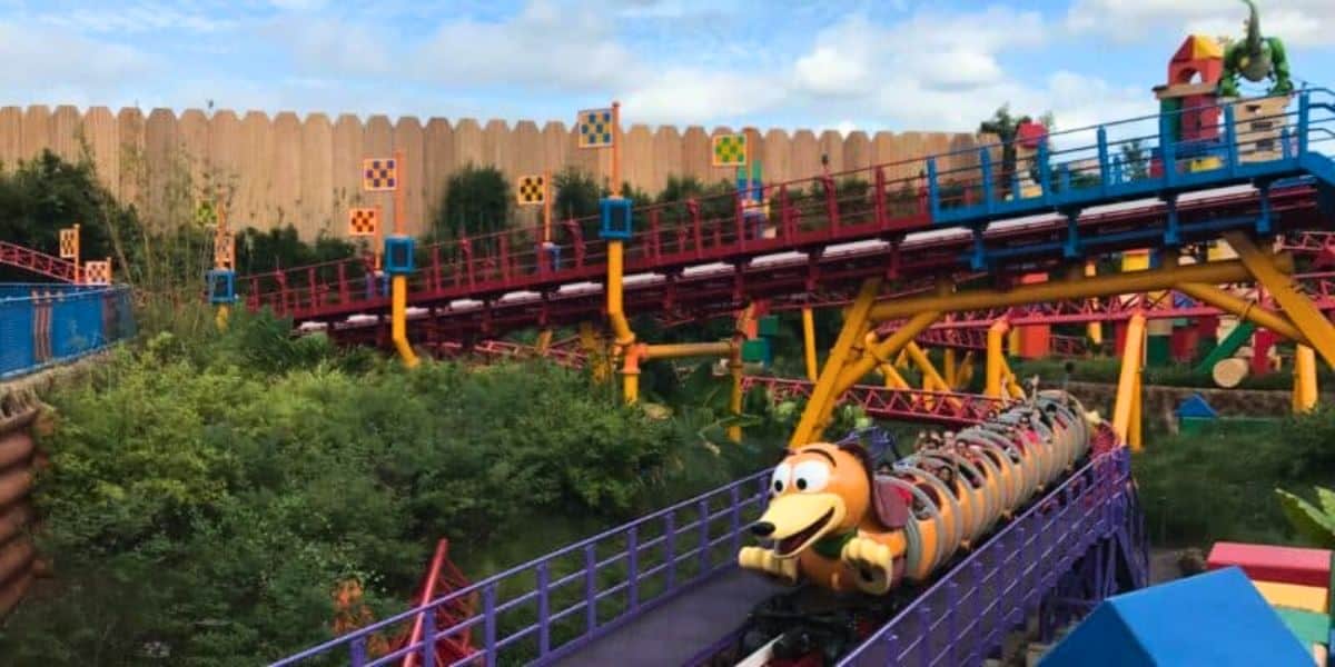 A side view of Slinky Dog Dash at Disney's Hollywood Studios.