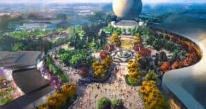 Aerial view of a theme park featuring a large geodesic sphere at the center, surrounded by lush greenery, colorful gardens, and numerous visitors. The scene includes various structures, pathways, and a central fountain area bustling with activity.