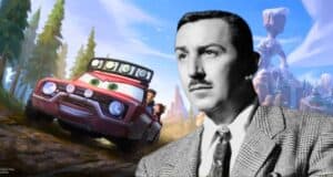 A black and white photo of Walt Disney in a suit and tie with a mustache is superimposed on a colorful animated background. The scene, reminiscent of a Walt Disney project, depicts a smiling animated car with people inside racing through a mountainous landscape on a bright day.