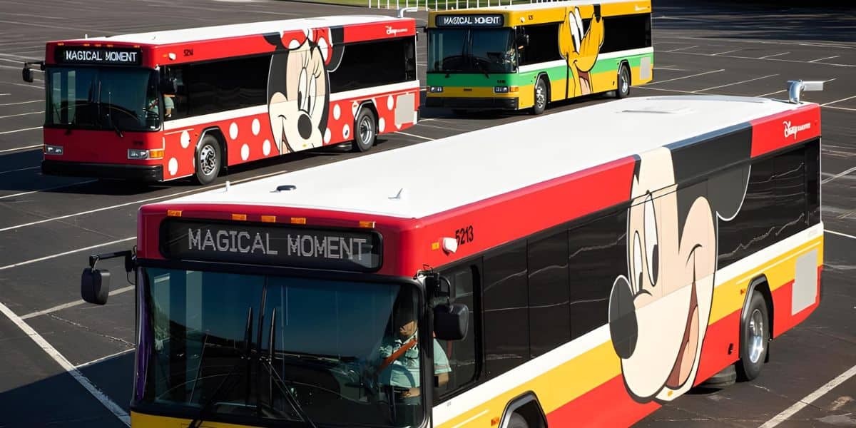 Three colorful buses themed after Disney characters are parked in an empty lot. The front bus features a large image of Mickey Mouse with "Magical Moment" displayed, while the others are adorned with Minnie Mouse and Pluto designs, as if part of a playful trick from the Disney Transportation and Ticket Center.