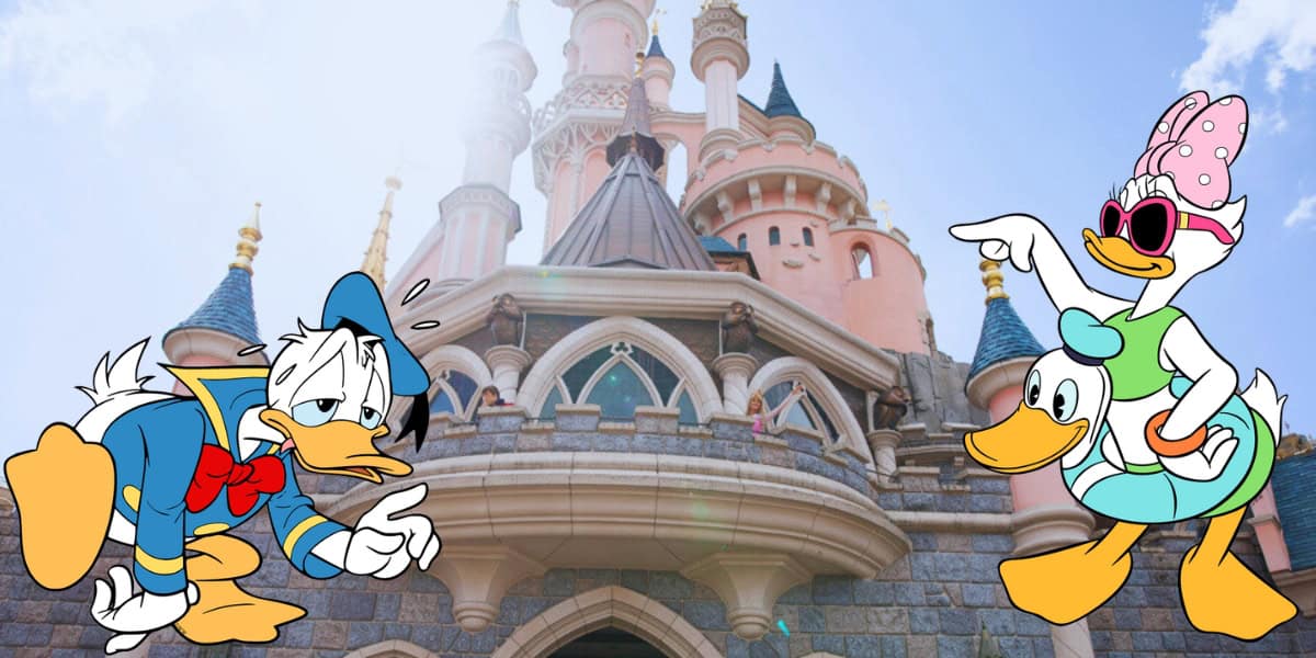 Animated characters Donald Duck and Daisy Duck are standing in front of an elaborate castle with arched windows and pointed towers, resembling a famous Disney castle. Donald looks bemused, while Daisy, wearing sunglasses and a pink bow, waves cheerfully.