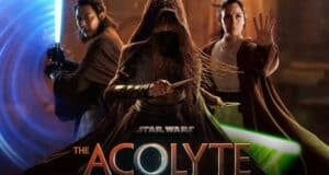 Promotional poster for "The Acolyte" featuring three characters in dramatic poses. The character in the center, wearing a masked hood, holds a dagger. The left character wields a blue lightsaber, and the right character, with outstretched hand, has a green lightsaber.