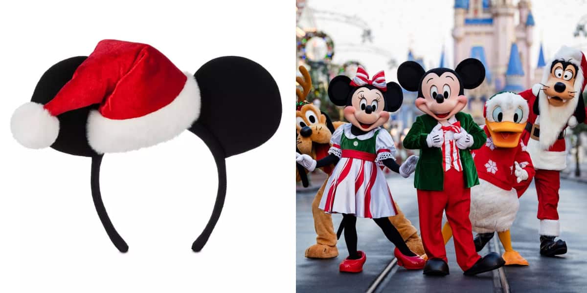 Split image: Left side shows black mouse ear headband with a red Christmas hat. Right side features characters in festive attire, including a mouse couple, a duck, a dog, and a tall character in red, posing in front of a castle and Christmas decorations.