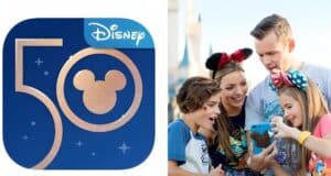 The image consists of two parts: on the left is a Disney 50th anniversary logo with a Mickey Mouse silhouette. On the right is a family of four, wearing Disney-themed attire, excitedly using the chat feature on Walt Disney World's website on their smartphone.