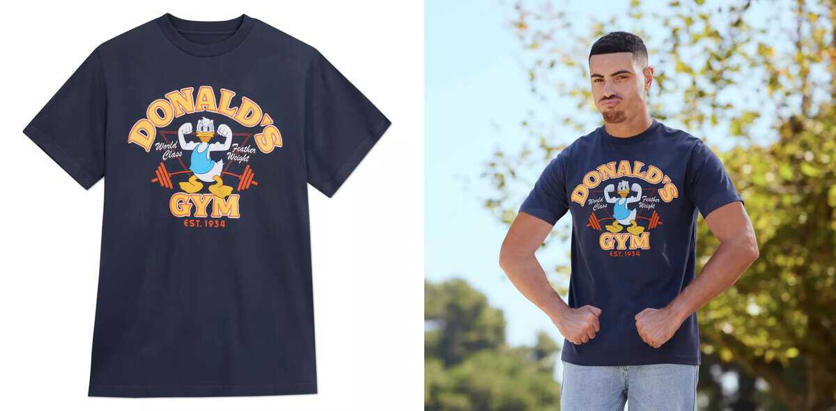 Two images side by side: a navy T-shirt featuring cartoon Donald Duck lifting weights and the text "Donald's Gym Est. 1994," and a person sporting the same Donald Duck merchandise, posing outdoors with a confident expression.