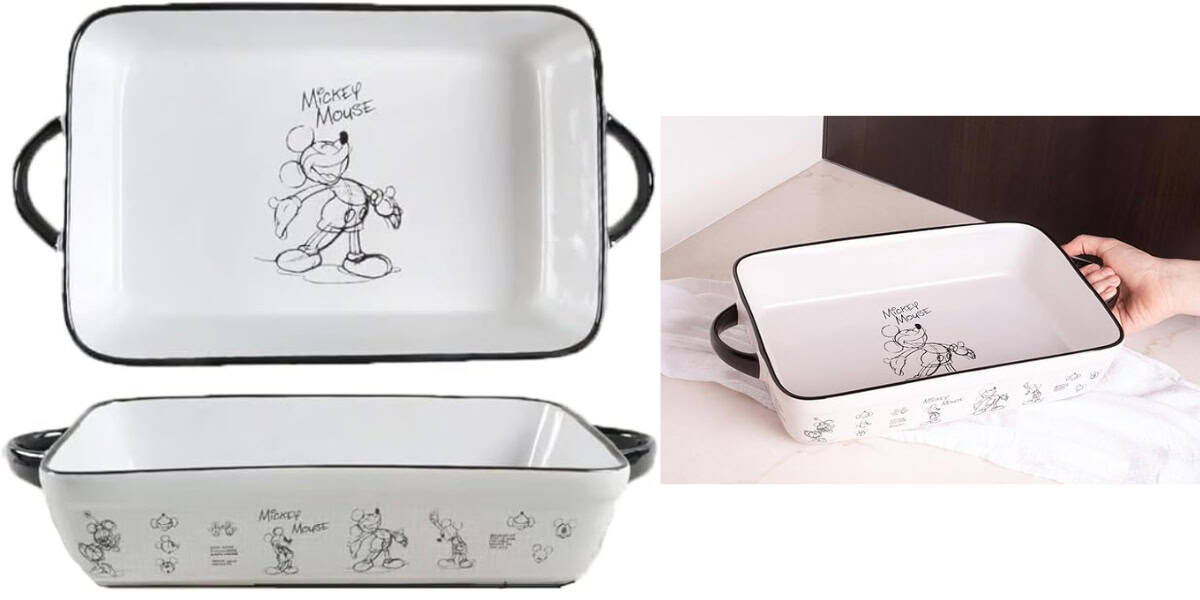 A rectangular white baking dish with black handles features sketches of Mickey Mouse. The inner and outer sides display different Mickey Mouse drawings. One image shows the dish on a countertop being held by a hand.