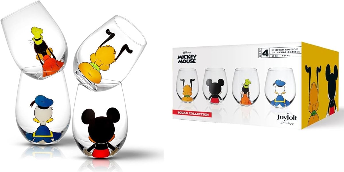Four clear stemless wine glasses featuring minimalist, abstract designs of Mickey Mouse, Donald Duck, and Pluto. The set includes a branded box displaying illustrations of the same three characters in the same style, labeled "Disney Mickey Mouse Squad Collection.