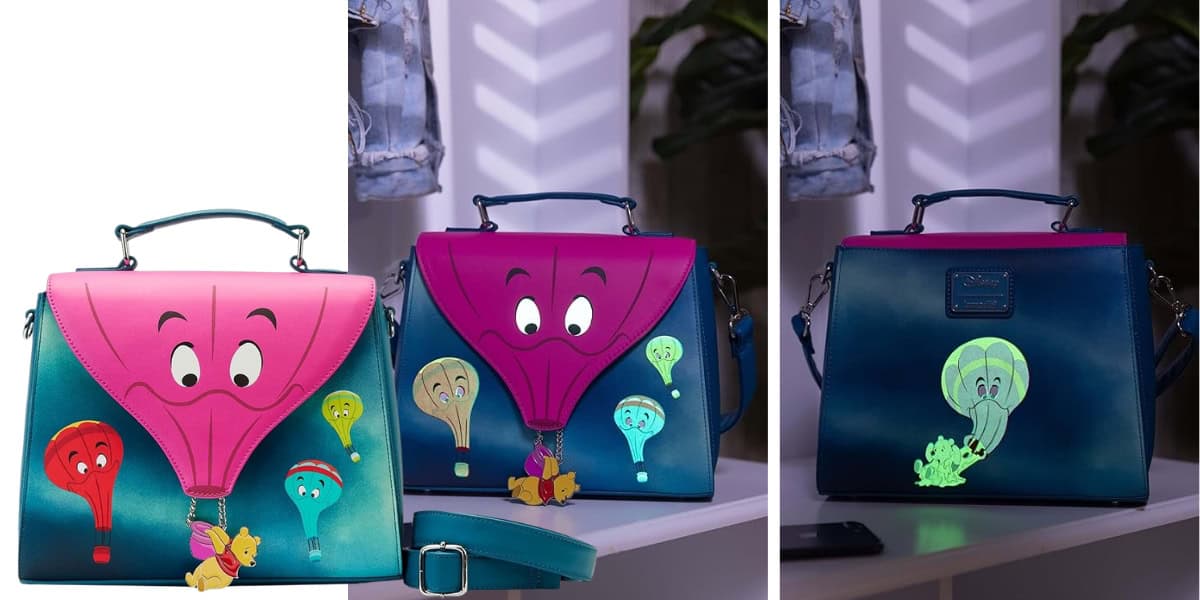 Two views of a handbag: The front shows a colorful hot air balloon design with a character and a flower charm. The back view reveals a phosphorescent effect illustrating the same design glowing in the dark. The bag sits on a white surface.
