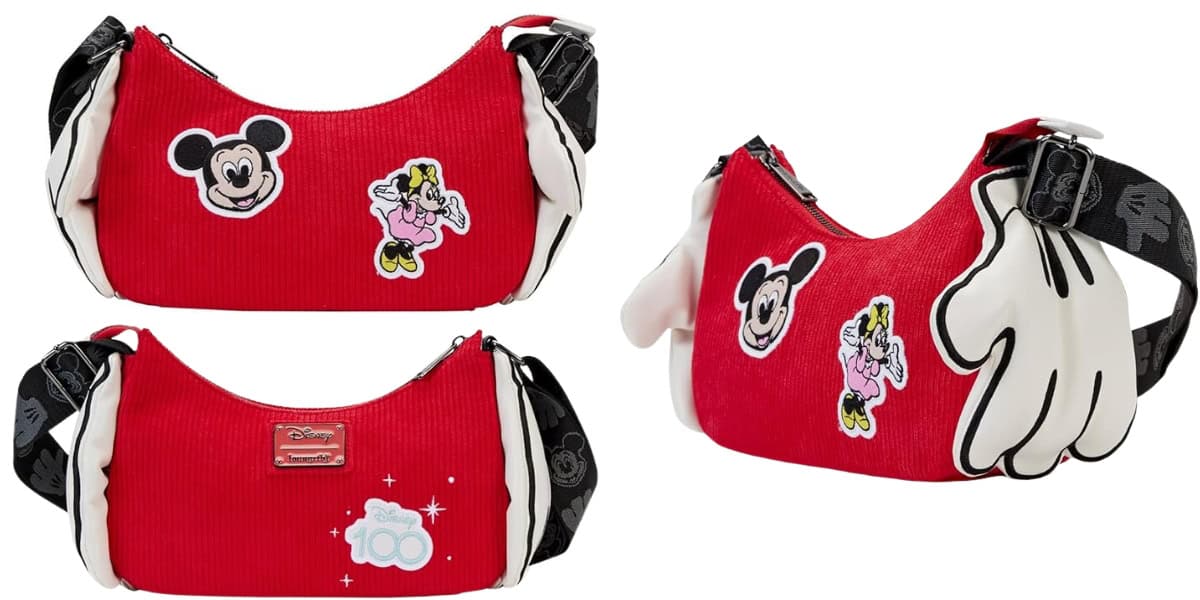 Red Disney-themed bags featuring Mickey Mouse and Minnie Mouse designs. The bags have black and white adjustable straps and Mickey's glove detail on the side. They showcase various playful patches of the characters on the front and back.