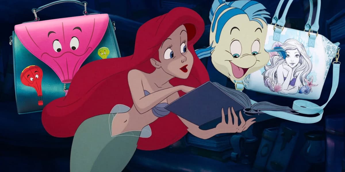 Ariel from "The Little Mermaid" excitedly reads a book alongside Flounder. Two handbags featuring "The Little Mermaid" designs are shown, one pink with a face, and the other white with Ariel's illustration.