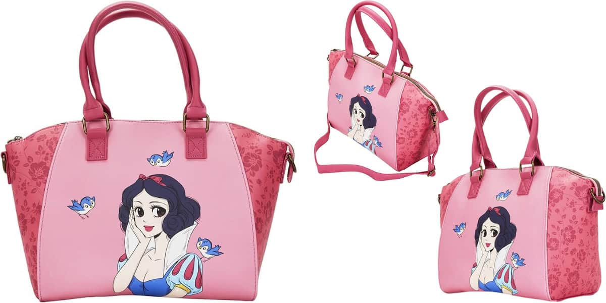 A pink handbag featuring a cartoon character with a white collar and bluebirds, surrounded by floral patterns. The bag has pink handles and a strap, shown from different angles.