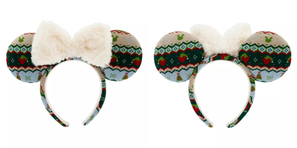 Two holiday-themed headbands with large ears. The first has a fluffy white bow, and both feature a festive pattern with red hearts, green designs, and small Christmas trees on a cream background.