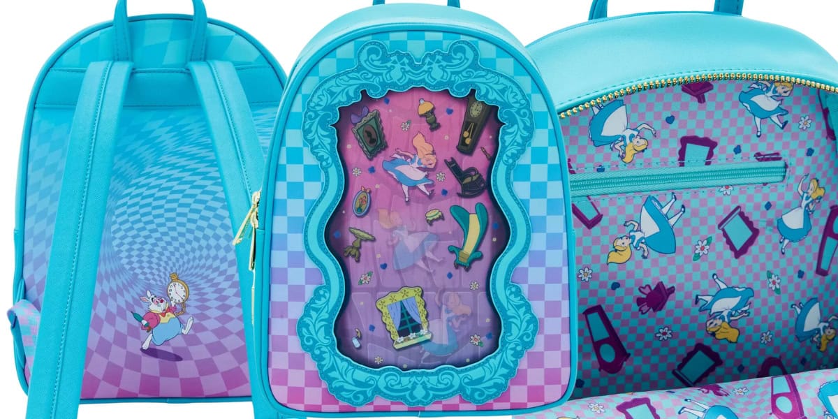 Three colorful Alice in Wonderland-themed backpacks. The main backpack features Alice falling surrounded by objects inside a decorative frame. Another shows Alice and the White Rabbit on a blue checkered pattern. The third has a pattern of Alice and items.