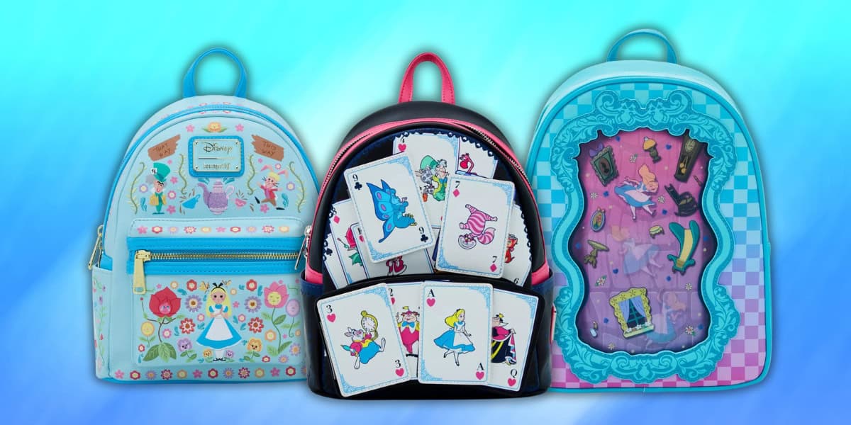 Three colorful Disney-themed backpacks are displayed. The first features floral and tea party designs, the second has playing card motifs with characters, and the third showcases a whimsical, dreamlike scene with a frame and scattered objects.