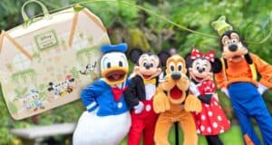 Five cartoon characters posing together outdoors. Next to them is a travel bag featuring a similar design with the characters illustrated on it. The background is lush and green, complementing the playful scene.