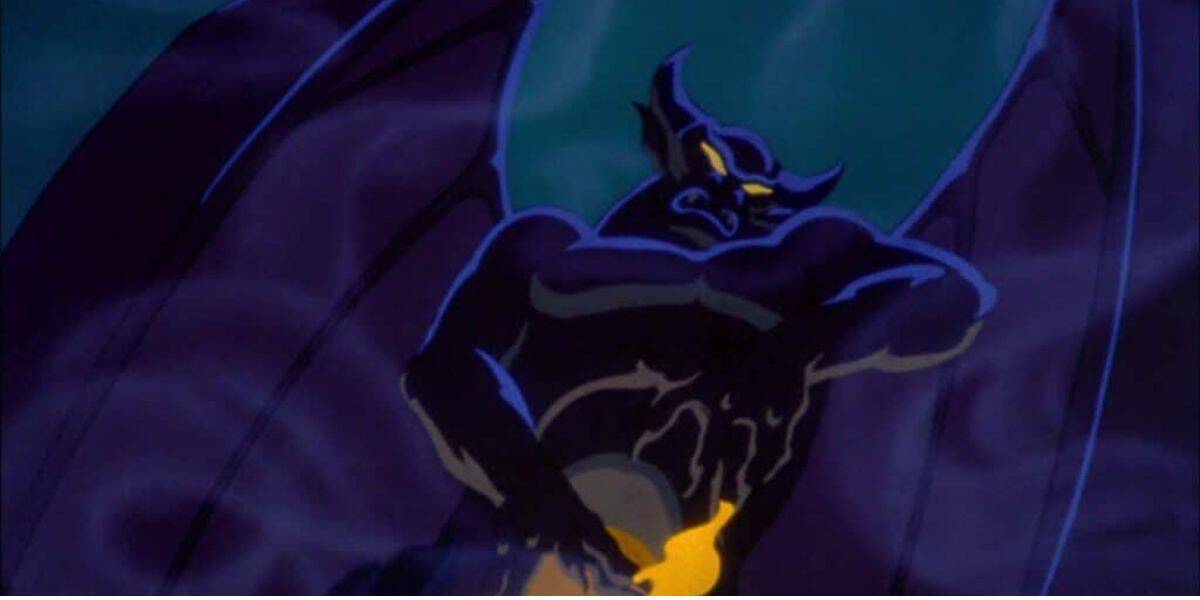 A dark, menacing creature with large wings and glowing yellow eyes looms against a swirling background. Its muscular form and sharp features are highlighted by a blue and purple hue, conjuring the ominous power of Disney’s scariest villains.