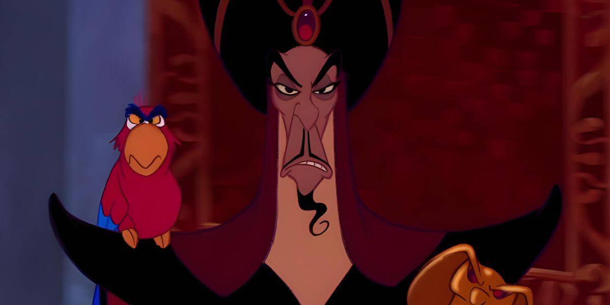 A cartoon villain, resembling Disney’s scariest villains, with a stern expression and a twisted goatee stands with a colorful parrot on his shoulder. The background is a dimly lit, ornate setting.