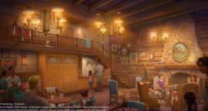 Illustration of a cozy lodge interior with wooden beams and a stone fireplace. Families and children enjoy the warm atmosphere. A staircase leads to a loft area. Soft lighting and rustic decor create a welcoming environment.