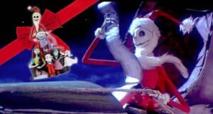 A skeleton in a Santa outfit rides a sleigh while holding a list. A red ribbon is visible on the side with small, whimsical figures gathered beneath it. The scene is set against a dark, starry sky.