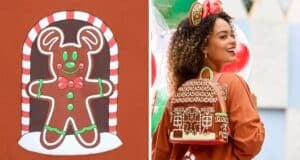 On the left, a gingerbread character with candy decorations. On the right, a person with curly hair, wearing gingerbread-themed headband and backpack, smiling over their shoulder. The scene is festive and colorful.