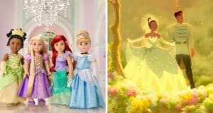 Left: Five dolls dressed as popular princesses stand together in a bright room. Right: An animated princess and prince happily stand together in a lush garden.
