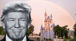 A grayscale image of Donald Trump smiling in front of a colorful image of Cinderella Castle at Walt Disney World Resort.