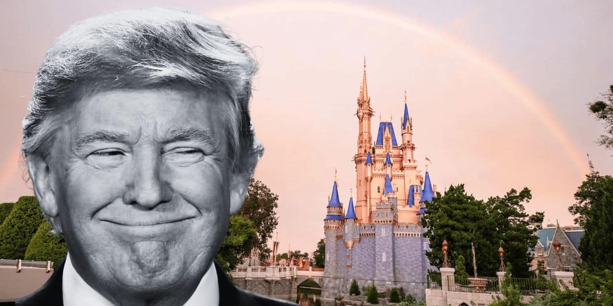 A grayscale image of Donald Trump smiling in front of a colorful image of Cinderella Castle at Walt Disney World Resort.