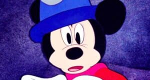 Sorcerer Mickey Mouse looks shocked.