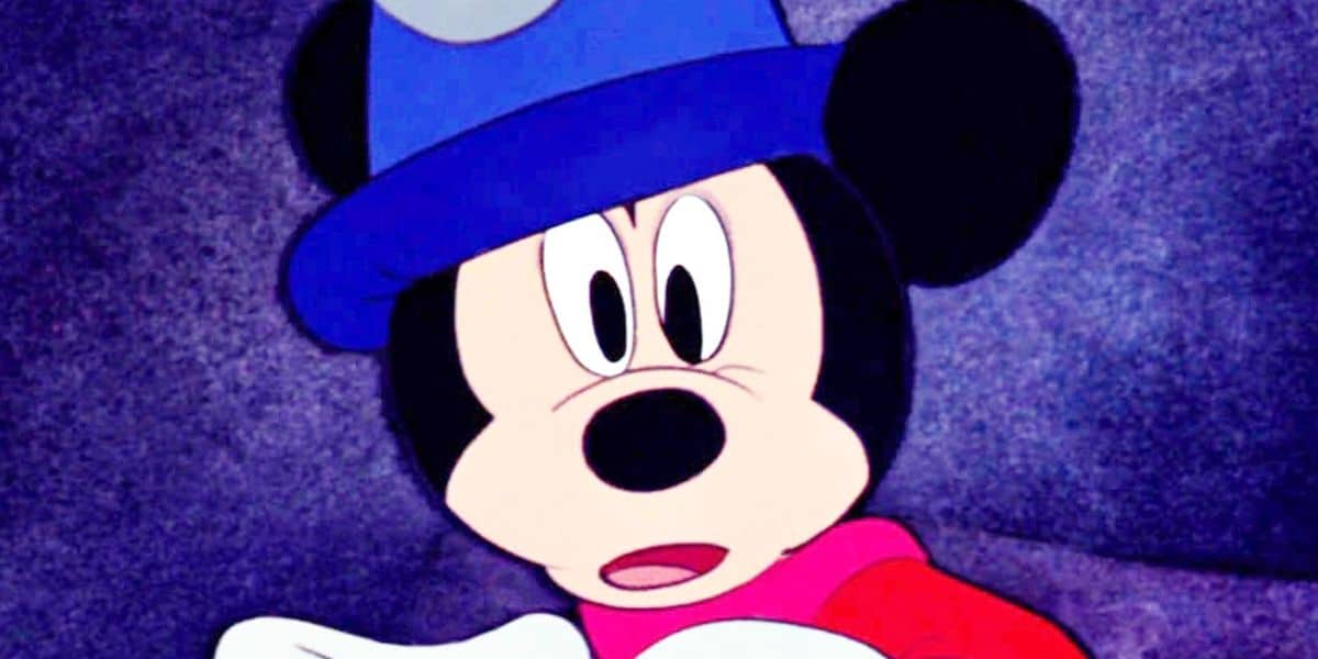 Sorcerer Mickey Mouse looks shocked.