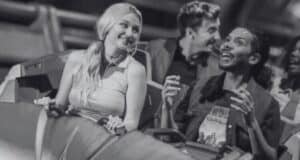 A black and white image of four people on Guardians of the Galaxy: Cosmic Rewind.
