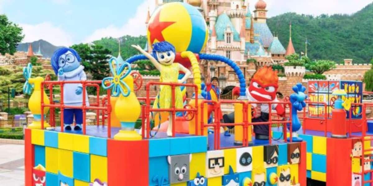 Characters from 'Inside Out' on a parades float at Hong Kong Disneyland