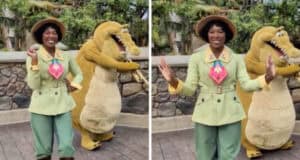 Tiana and Louis in front of Tiana's Bayou Adventure