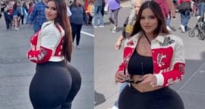 A woman in a red and white jacket and black leggings poses outdoors. In the left image, she is turned slightly to the side, and in the right, she faces forward. People are walking in the background.