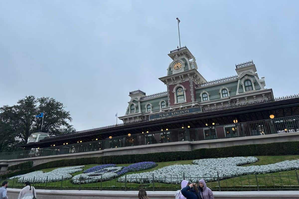 The entrance to Magic Kingdom Park on a cold, rainy weather day at Walt Disney World Resort. 