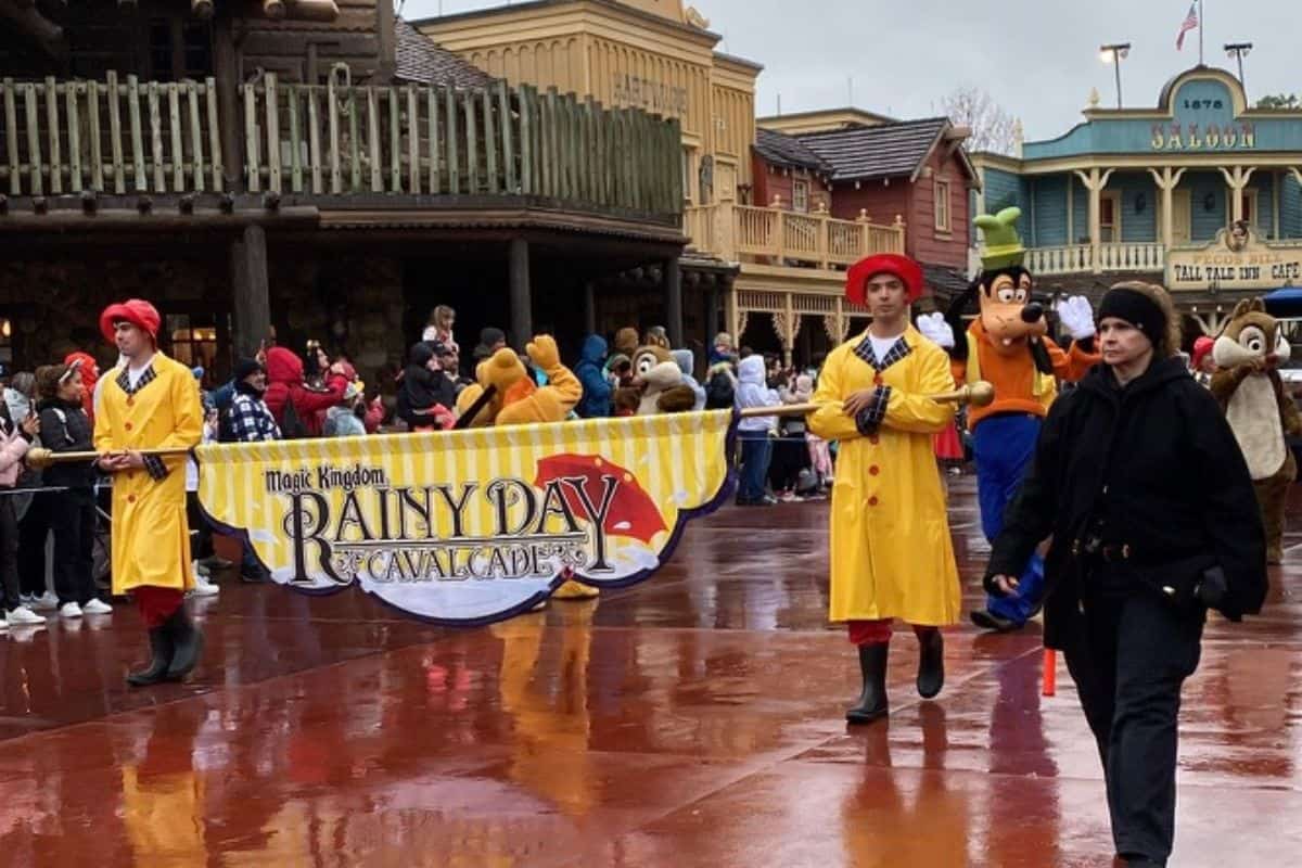 The Rainy Day Cavalcade, which Walt Disney World Resort performs in place of Festival of Fantasy during rainy weather. 