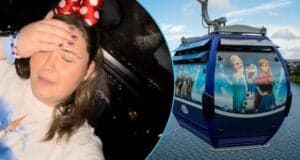 A person wearing Minnie Mouse ears covers their forehead with their hand, standing next to an image of a gondola decorated with characters from "Frozen," featuring Elsa, Anna, and Olaf, hovering above a body of water.