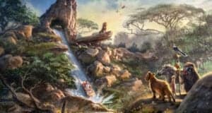 Concept art for 'The Lion King' land at Disneyland Paris, featuring a log flume ride and characters from the live-action film at Disneyland Paris, An international Disney Park.