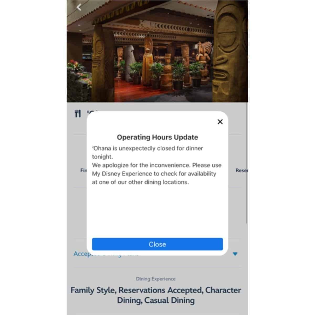 The My Disney Experience app notifies guests of 'Ohana's sudden closure. 